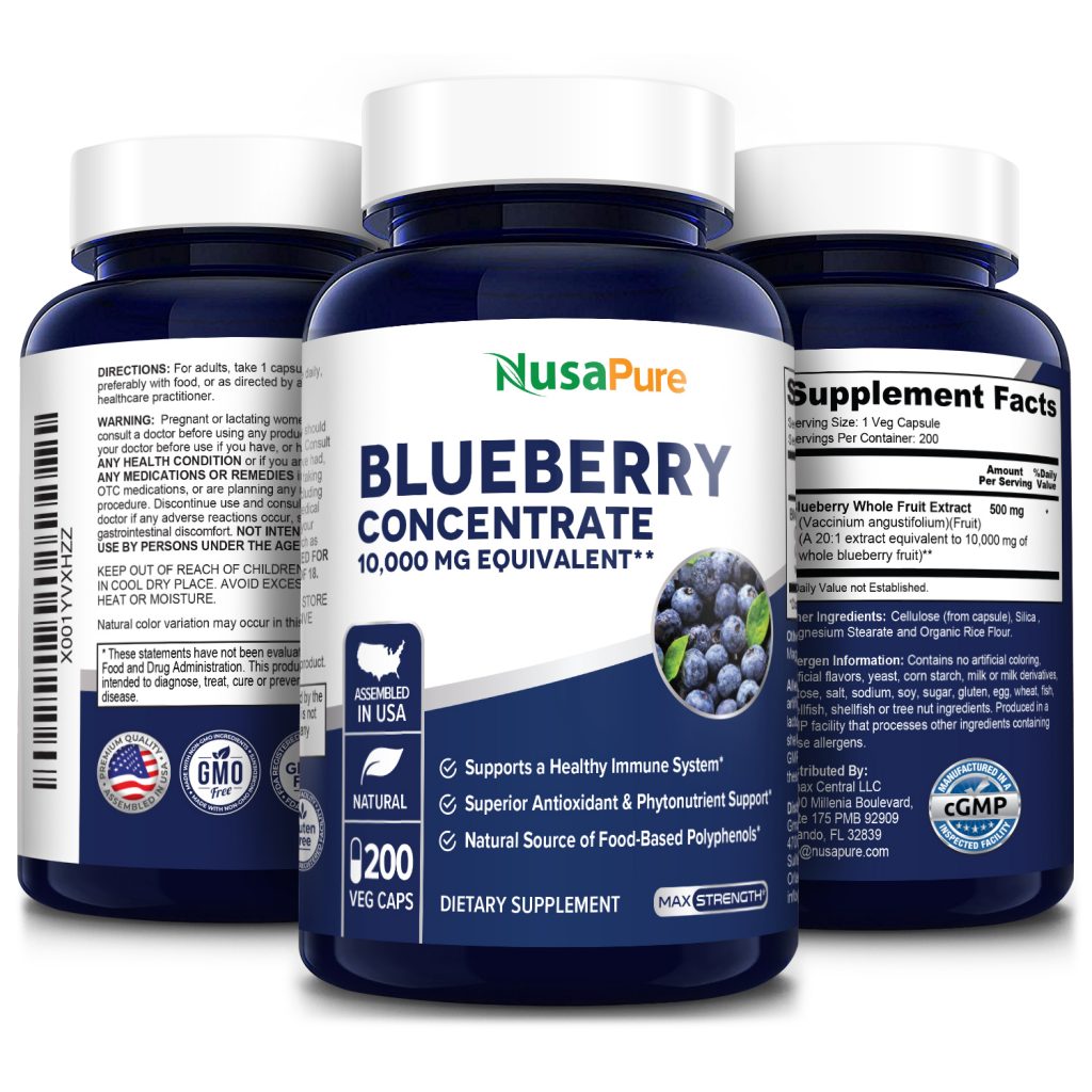 Hỗ trợ miễn dịch khỏe mạnh và chống oxy hóa với NusaPure Blueberry  Concentrate 10.000 mg 200 Veg Caps - Chuyên Order Thực phẩm Chức Năng của Mỹ