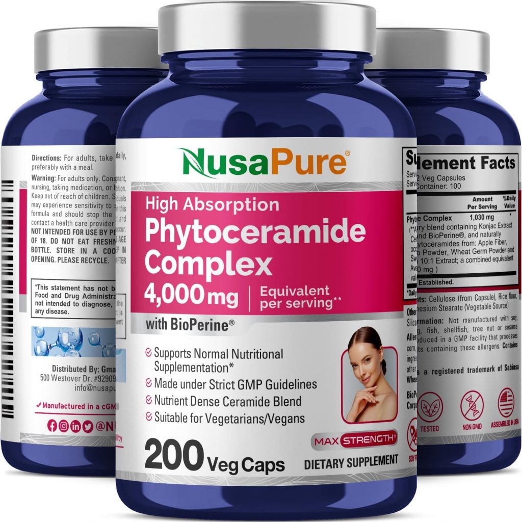 Hỗ trợ mờ nếp nhăn và duy trì sự mịn màng của da với NusaPure Phytoceramides Complex 4000mg with Bioperine 200 Veggie Capsules 