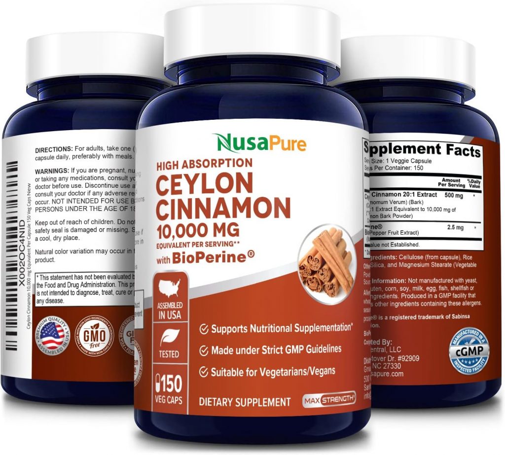 Hỗ trợ đường huyết khỏe mạnh với NusaPure Ceylon Cinnamon 10,000mg 150 Veggie Capsules