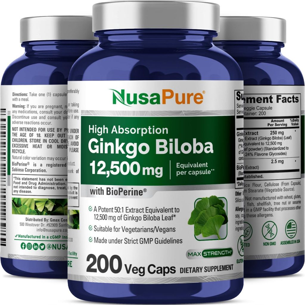 Hỗ trợ sức khỏe não khỏe mạnh với NusaPure Ginkgo Biloba Extract 12,500mg 200 Capsules