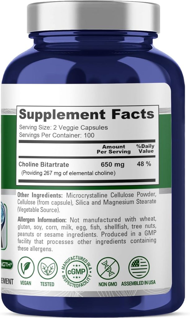 Hỗ trợ duy trì sức khỏe não khỏe mạnh với Choline Bitartrate 650 mg 200 Veggie Capsules