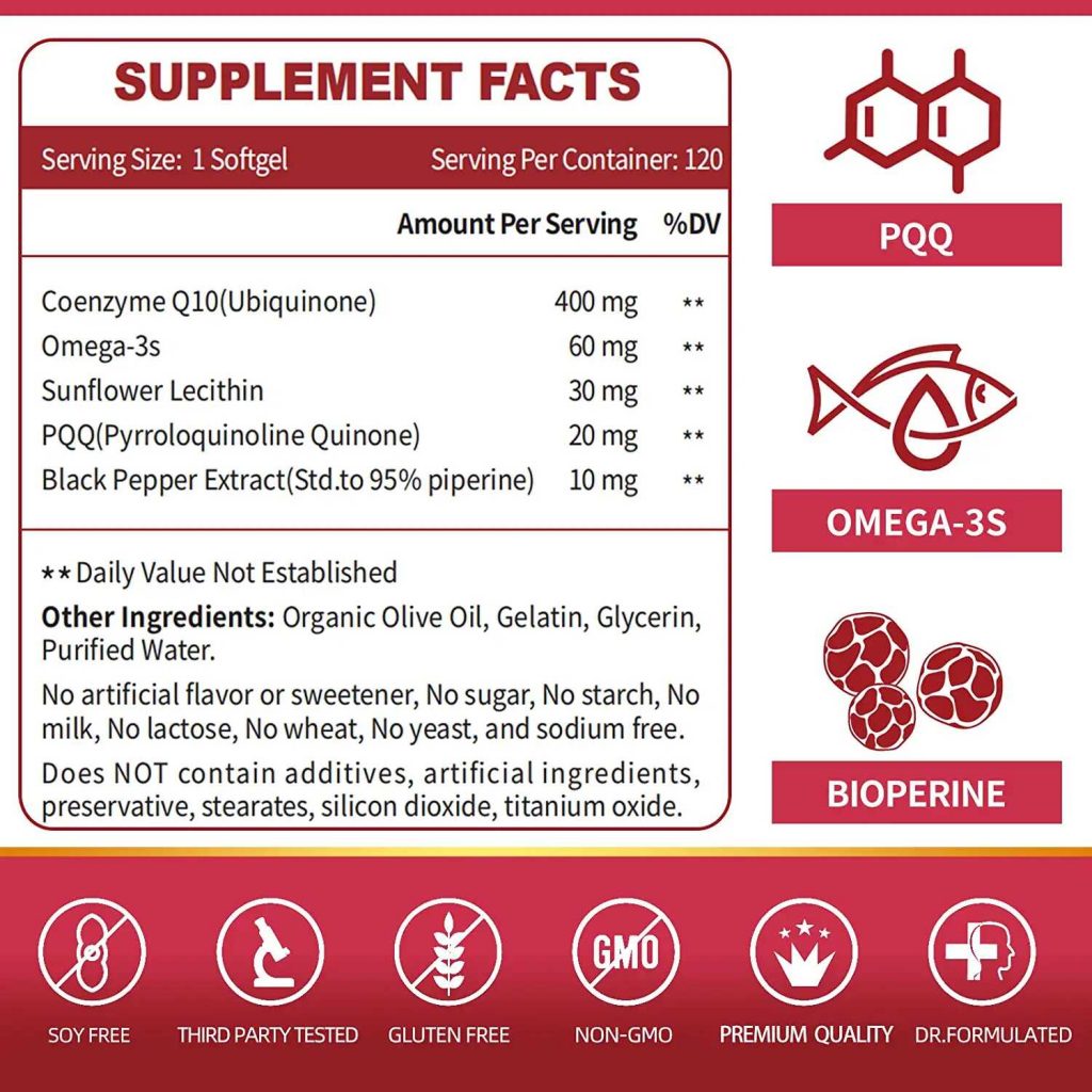 Hỗ trợ sức khỏe tim mạch với CoQ10 400mg with PQQ BioPerine & Omega-3 120 Softgels
