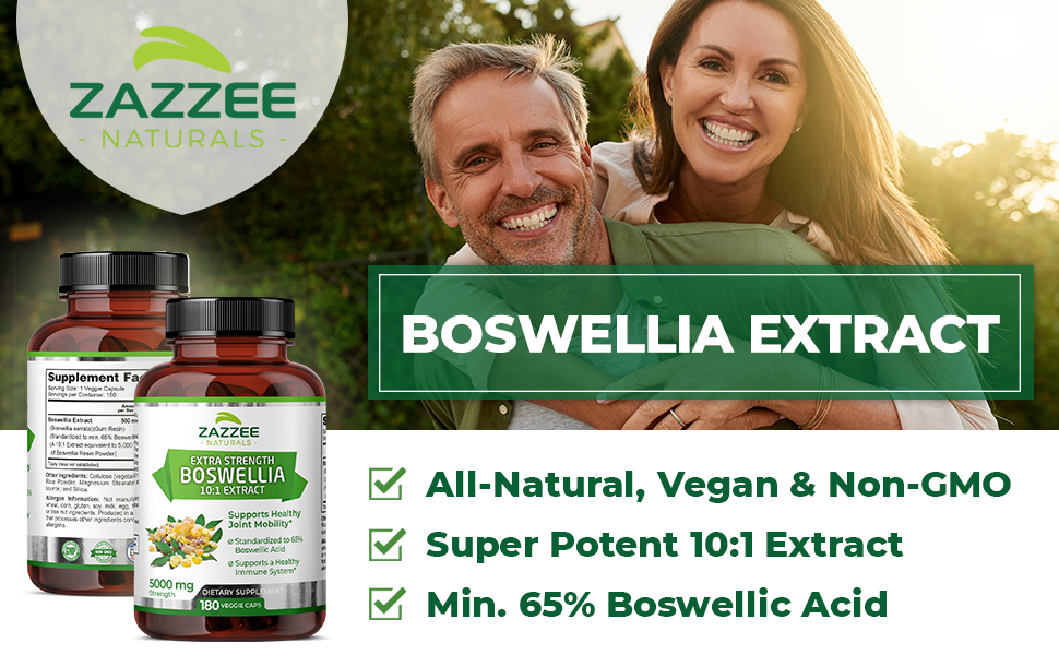 Hỗ trợ giảm đau khớp với Zazzee Boswellia 10:1 Extract 5000 mg Strength 65% Boswellic Acid 180 Capsules