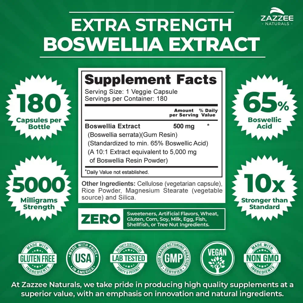 Hỗ trợ giảm đau khớp với Zazzee Boswellia 10:1 Extract 5000 mg Strength 65% Boswellic Acid 180 Capsules
