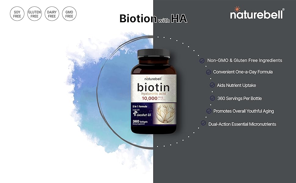 Hỗ trợ dưỡng ẩm và nuôi dưỡng tóc, da, móng với NatureBell Biotin 10000mcg + Hyaluronic Acid 25mg 360 Softgels