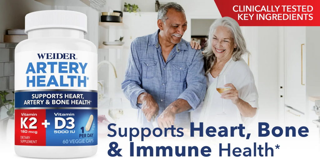 Hỗ trợ sức khỏe tim mạch, xương và miễn dịch với Weider Artery Health with Vitamin K2 Plus D3 60 Veggie Caps