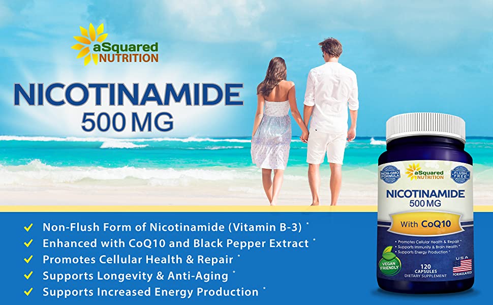Hỗ trợ năng lượng, NAD và sức khỏe tế bào da với ASquared Nutrition Nicotinamide with CoQ10 120 Capsules