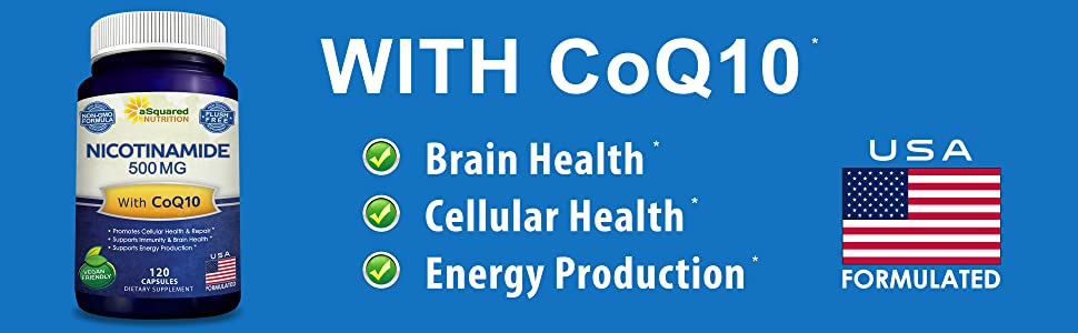 Hỗ trợ năng lượng, NAD và sức khỏe tế bào da với ASquared Nutrition Nicotinamide with CoQ10 120 Capsules