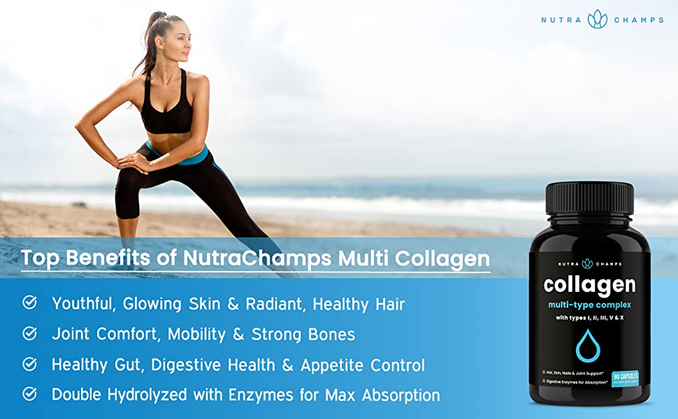 Hỗ trợ da, tóc, móng, khớp khỏe mạnh với NutraChamps Multi Collagen Pills Types I,II,III,V,X 90 Capsules