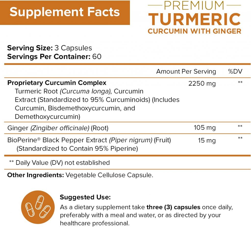 Hỗ trợ chống viêm khớp, chống lão hóa với NutriFlair Turmeric Curcumin with Ginger and BioPerine Black Pepper Supplements 180 Capsules