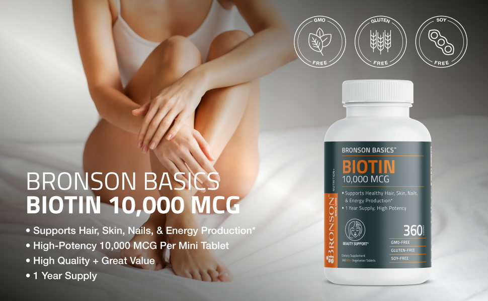 Hỗ trợ tóc, da và móng khỏe mạnh với Bronson Biotin 10,000 MCG 360 Vegetarian Tablets