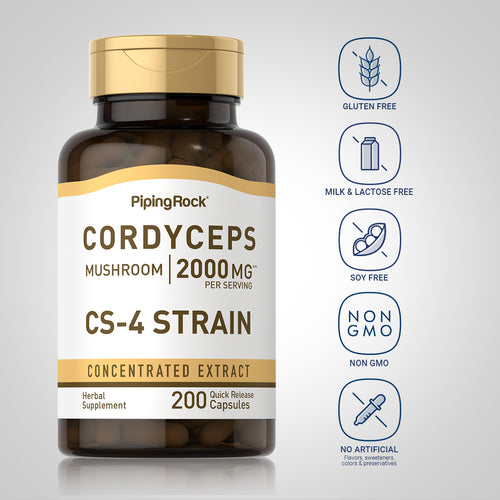 Viên uống đông trùng hạ thảo với PIPINGROCK Cordyceps Mushroom, 2000 mg (per serving), 200 Quick Release Capsules
