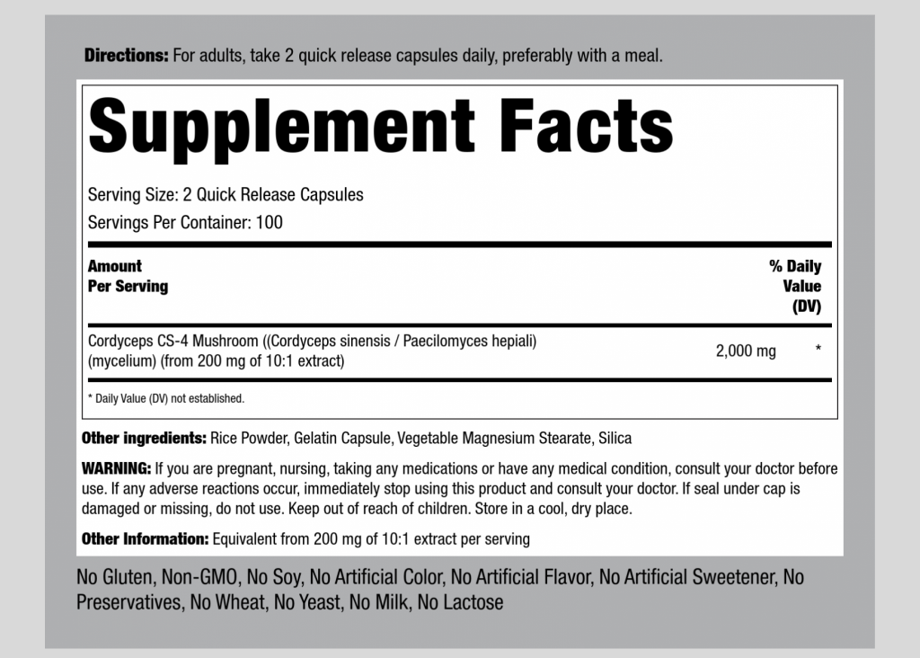 Viên uống đông trùng hạ thảo với PIPINGROCK Cordyceps Mushroom, 2000 mg (per serving), 200 Quick Release Capsules