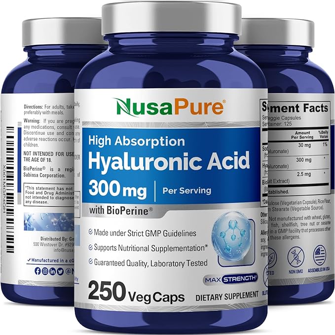 Hỗ trợ khớp và làn da khỏe mạnh NusaPure Hyaluronic Acid 300mg 250 Veggie Capsules