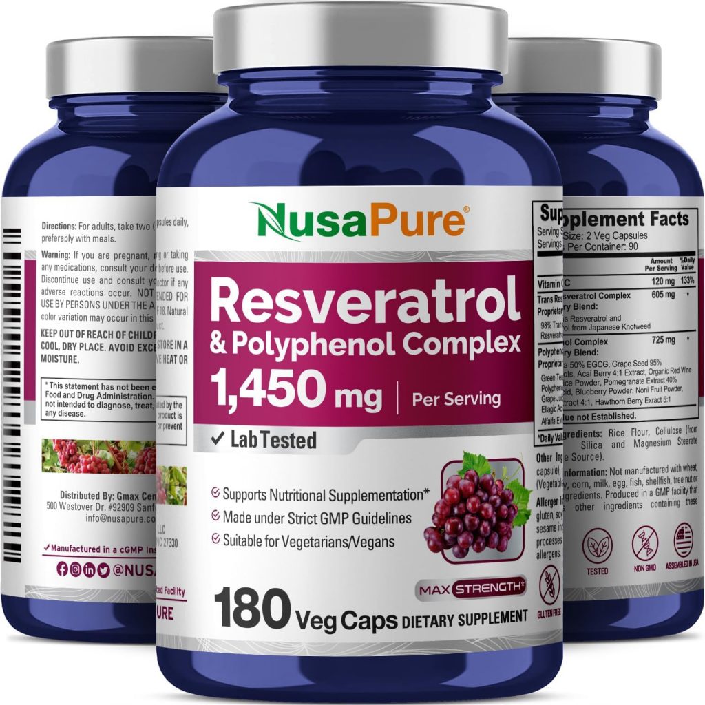 Hỗ trợ sức khỏe tim mạch và chống oxy hóa với NusaPure Resveratrol & Polyphenol Complex 1450mg 180 Vegetarian Caps