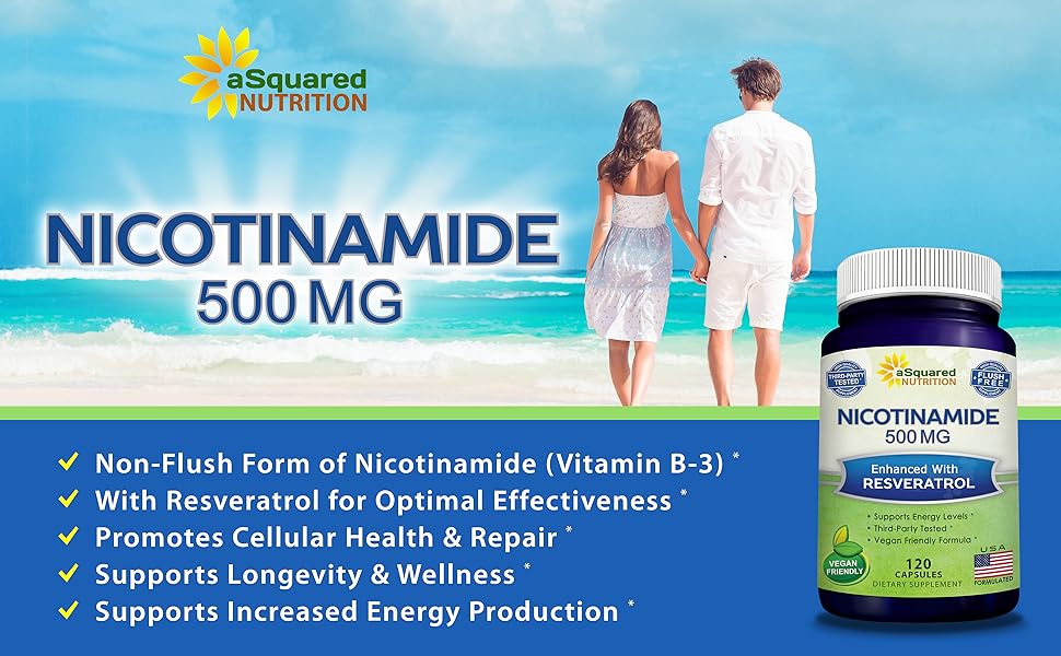 Hỗ trợ NAD, sức khoẻ và năng lượng của tế bào da với aSquared Nutrition Nicotinamide with Resveratrol 120 Veggie Capsules