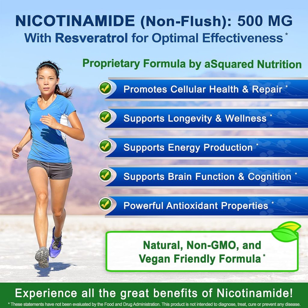 Hỗ trợ NAD, sức khoẻ và năng lượng của tế bào da với aSquared Nutrition Nicotinamide with Resveratrol 120 Veggie Capsules