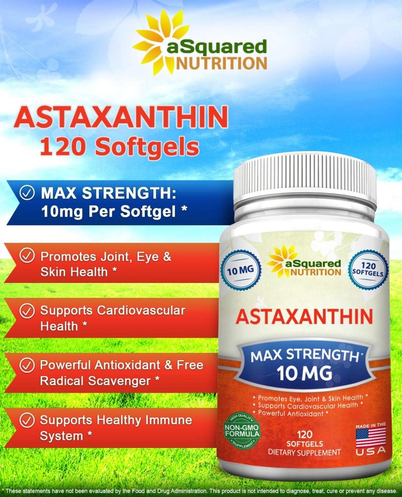 Hỗ trợ tăng cường sức khoẻ sức khỏe tổng thể với aSquared Nutrition Astaxanthin Max Strength 10mg - 120 Softgels
