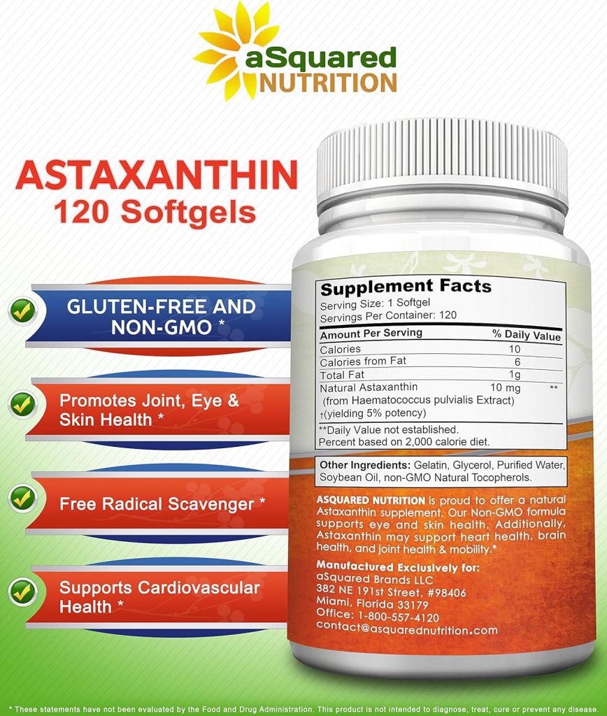 Hỗ trợ tăng cường sức khoẻ sức khỏe tổng thể với aSquared Nutrition Astaxanthin Max Strength 10mg - 120 Softgels