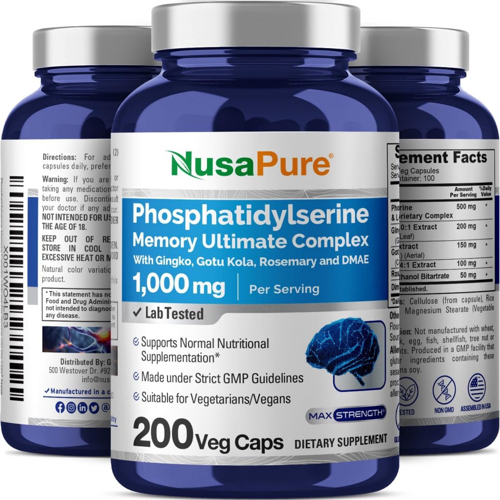 Hỗ trợ cải thiện sự tập trung và chức năng nhận thức với NusaPure Phosphatidylserine Memory Ultimate Complex 1000mg 200 Vegetarian Caps