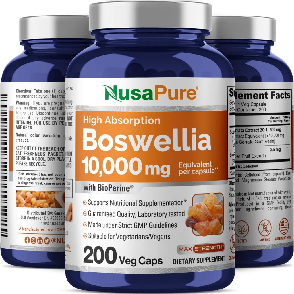 Hỗ trợ giảm đau khớp với NusaPure Boswellia Serrata 10,000 mg with Bioperine 200 Veggie Caps