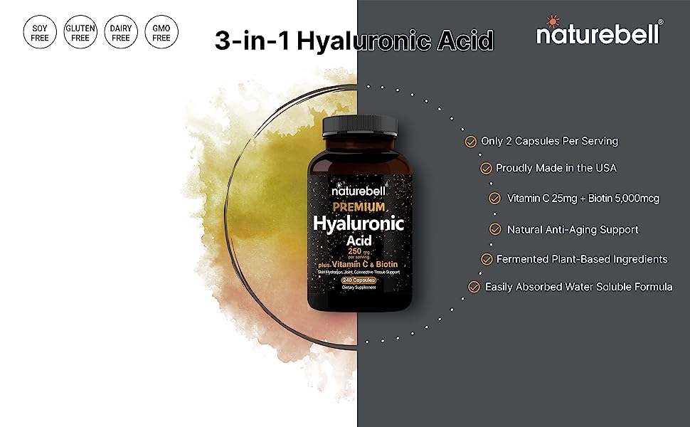Hỗ trợ sức khỏe da, bôi trơn khớp, chống oxy hóa với NatureBell Hyaluronic Acid Supplements 250mg with Biotin 5000mcg & Vitamin C 25mg, 240 Capsules