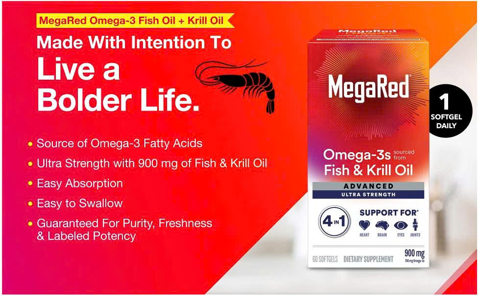 Hỗ trợ tim mạch với dầu nhuyễn thể MegaRed Omega-3 Fish & Krill Oil Advanced 900mg 60 viên