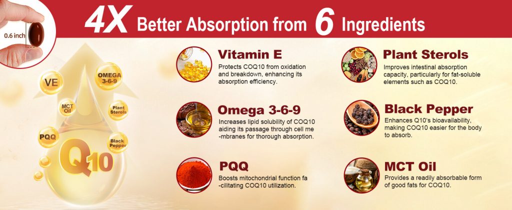 Hỗ trợ tim mạch và Chất chống oxy hóa tối đa với CoQ10 200mg Softgels with Vitamin E & Omega 3-6 -9 & PQQ with Bioperine 120 viên