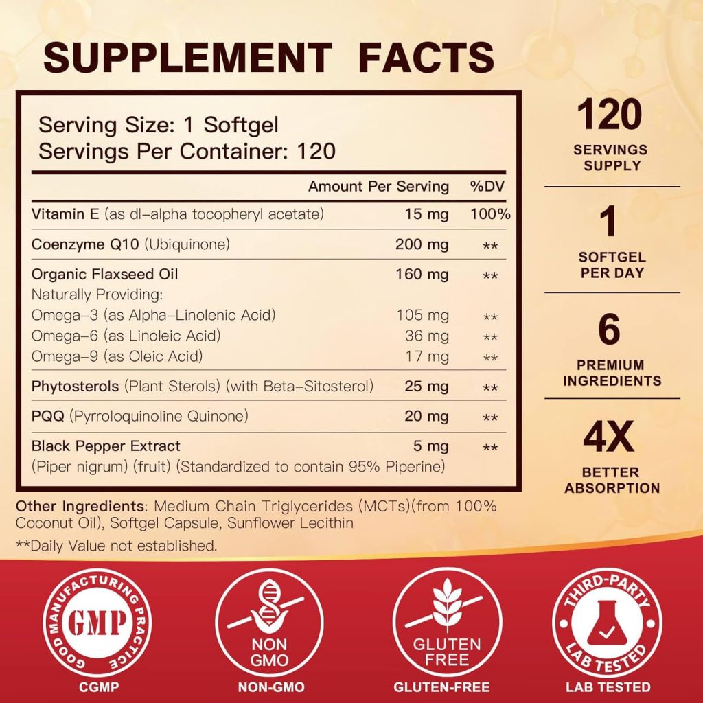 Hỗ trợ tim mạch và Chất chống oxy hóa tối đa với CoQ10 200mg Softgels with Vitamin E & Omega 3-6 -9 & PQQ with Bioperine 120 viên