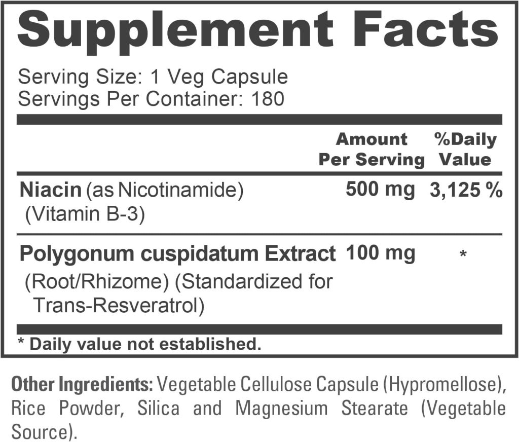 Viên uống bổ sung hỗ trợ NAD, sức khỏe tế bào da và năng lượng với NusaPure Nicotinamide with Resveratrol (Vitamin B-3) 500 mg - 180 Vegetarian Caps