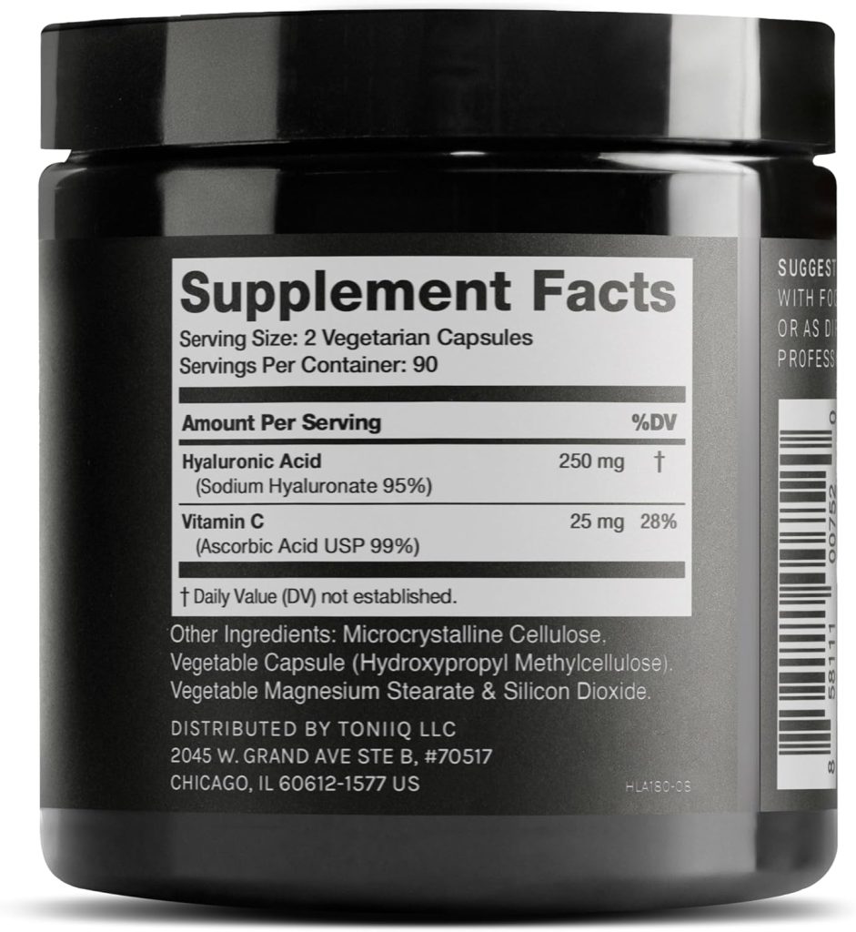 Hỗ trợ sức khỏe khớp và tăng độ đàn hồi cho da với Toniiq Hyaluronic Acid with Vitamin C 180 Capsules