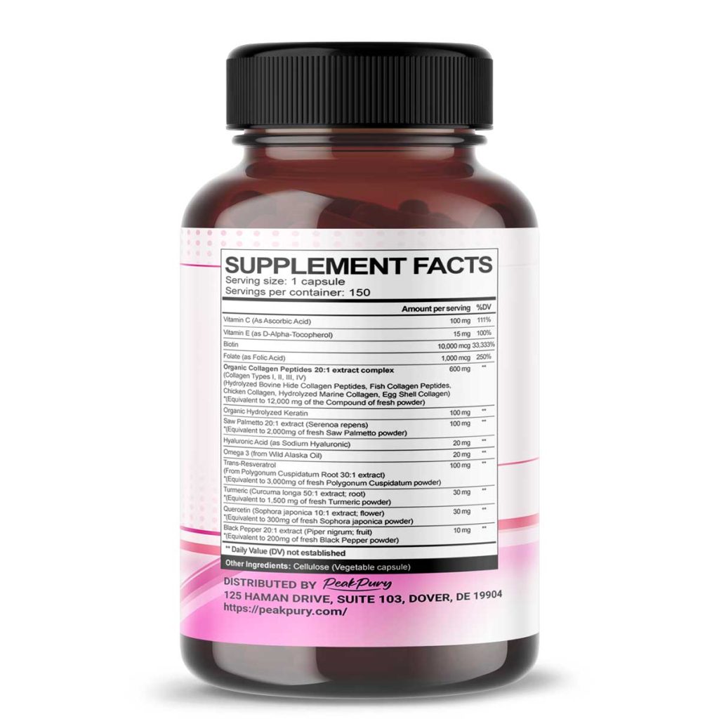 Hỗ trợ sức khỏe da và khớp với PeakPury Liver Collagen Biotin Resveratrol Saw Palmetto 150 Capsules