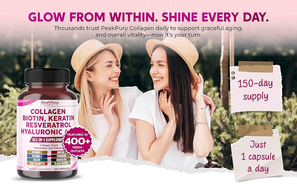 Hỗ trợ sức khỏe da và khớp với PeakPury Liver Collagen Biotin Resveratrol Saw Palmetto 150 Capsules