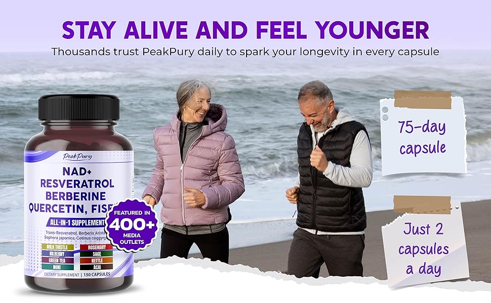 Hỗ trợ sức khỏe tế bào, năng lượng với PEAKPURY NAD+ Trans-Resveratrol Berberine Quercetin Fisetin 150 Capsules