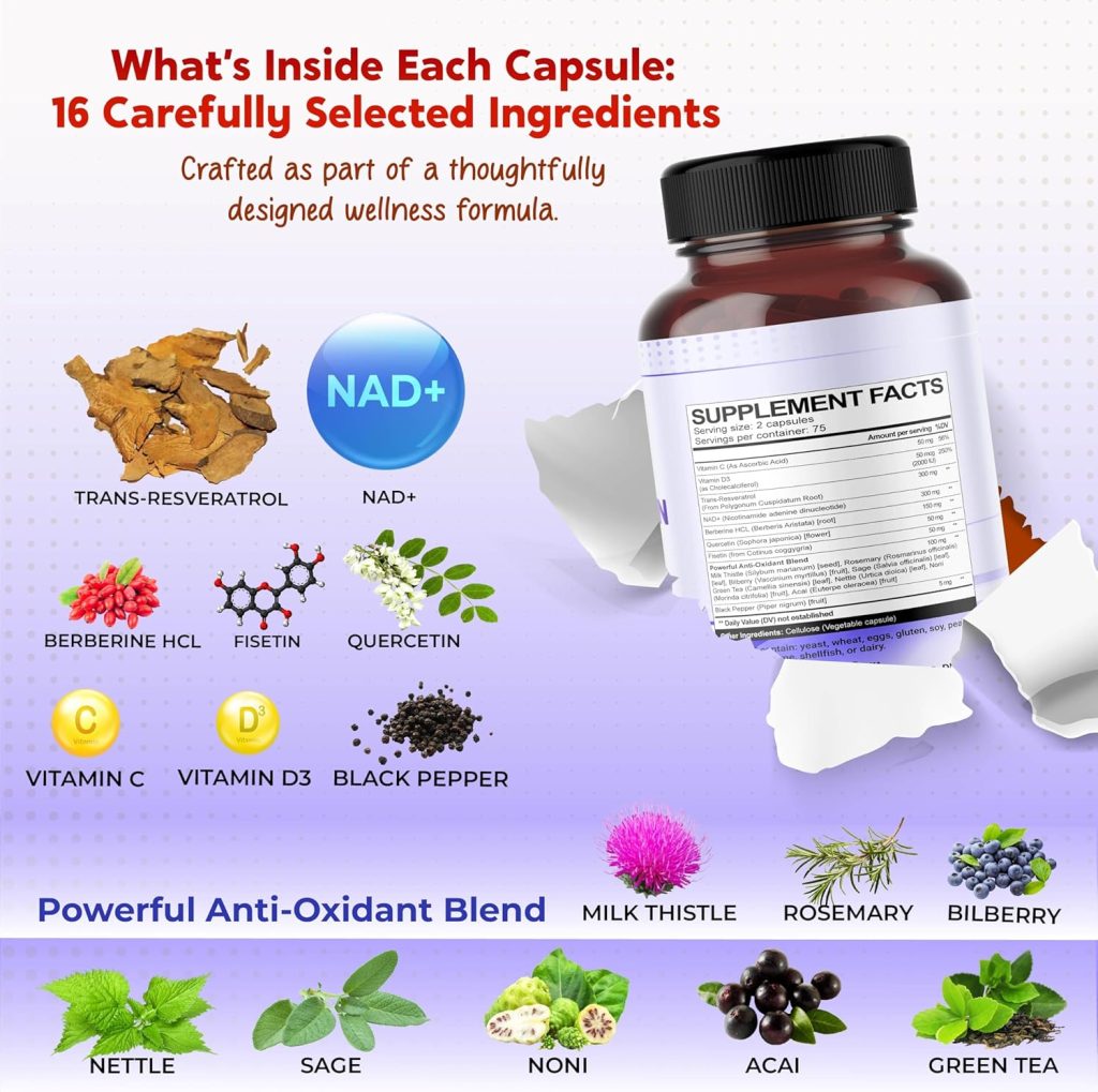 Hỗ trợ sức khỏe tế bào, năng lượng với PEAKPURY NAD+ Trans-Resveratrol Berberine Quercetin Fisetin 150 Capsules